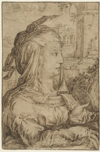 Vrouw in fantasiekostuum, in profiel naar rechts by Jacob Matham, drawing, 1607