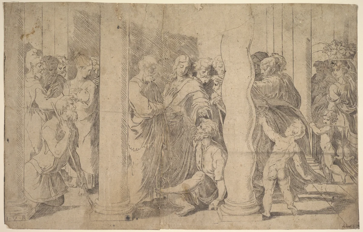 Saints Peter and John healing the Sick by anonymous, print, 1500-1599