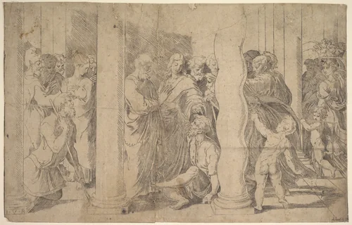 Saints Peter and John healing the Sick by anonymous, print, 1500-1599