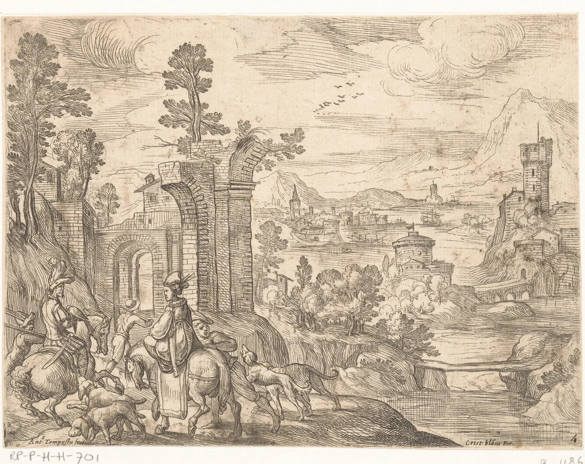 Landschap met jachtpartij te paard by Unknown, print, 1593-1619