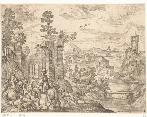 Landschap met jachtpartij te paard by Unknown, print, 1593-1619