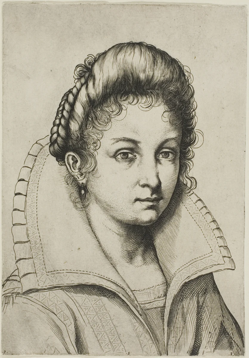 Portrait Bust of a Woman with a Large Collar, from Perfect School to Learn How to Draw the Entire Human Body (English translation) by Luca Ciamberlano, print, 1580-1641