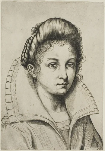 Portrait Bust of a Woman with a Large Collar, from Perfect School to Learn How to Draw the Entire Human Body (English translation) by Luca Ciamberlano, print, 1580-1641