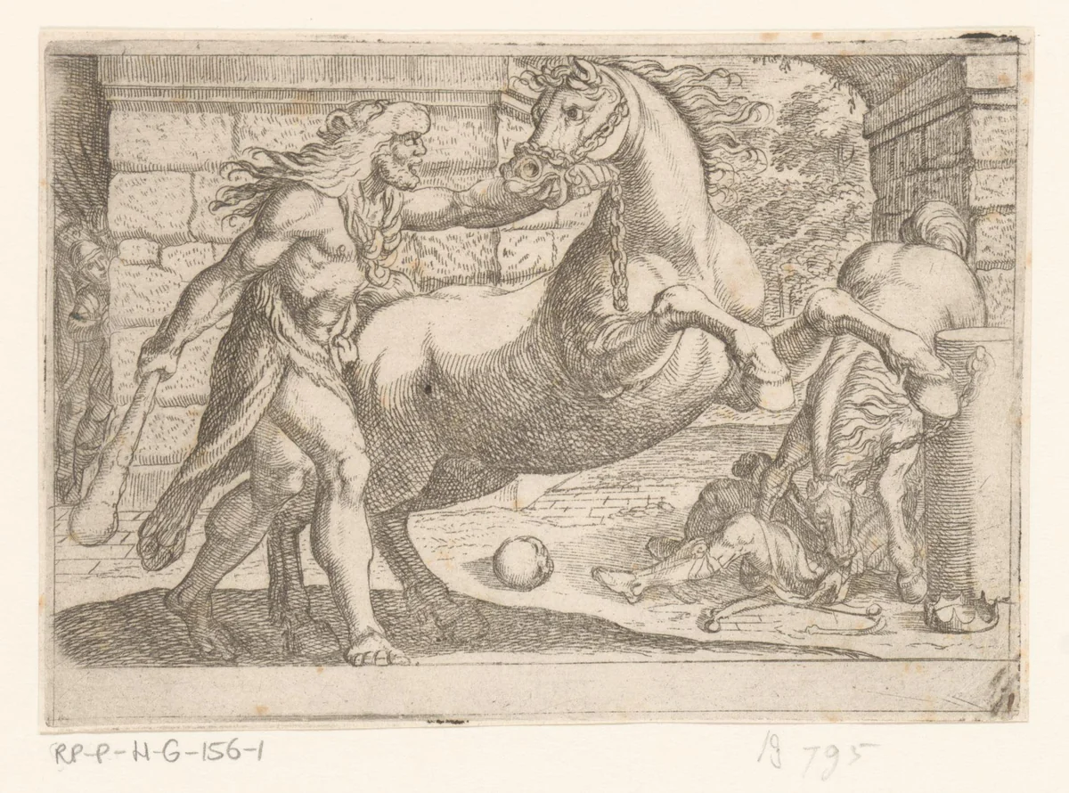 Hercules en de merries van Diomedes by Antonio Tempesta, print, 1608