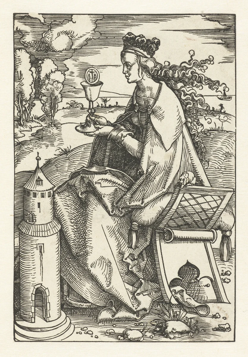Heilige Barbara met miskelk en toren by Hans Baldung Grien, print, 1505-1507