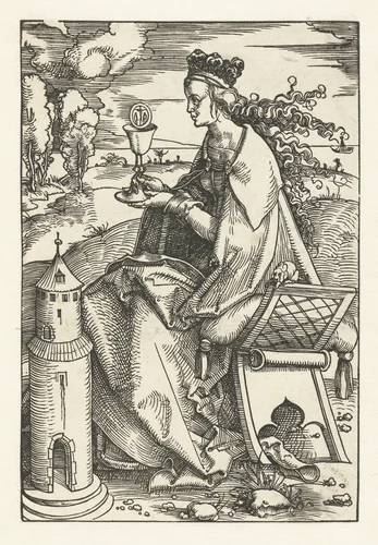 Heilige Barbara met miskelk en toren by Hans Baldung Grien, print, 1505-1507