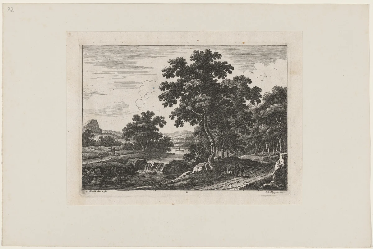 Traveler by a Waterfall by Johann Christoph Dietzsch, print, 1734