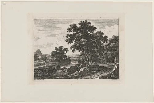 Traveler by a Waterfall by Johann Christoph Dietzsch, print, 1734