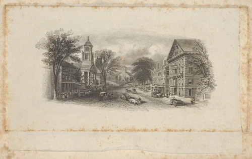 Banknote vignette with the main street of a town by Asher Brown Durand, print, 1819-1837