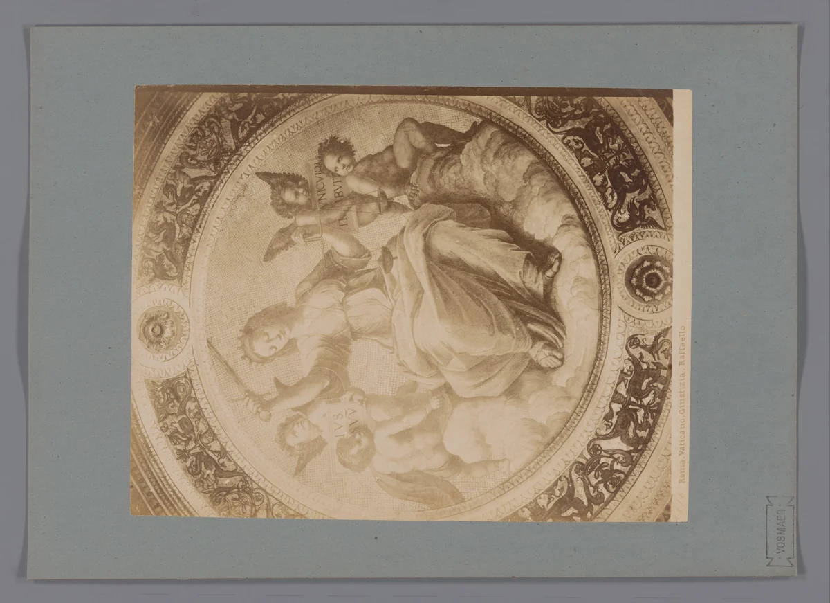 Fotoreproductie van het fresco Gerechtigheid door Rafaël in de Stanza della Segnatura, Vaticaanstad by anonymous, photograph, 1851-1900