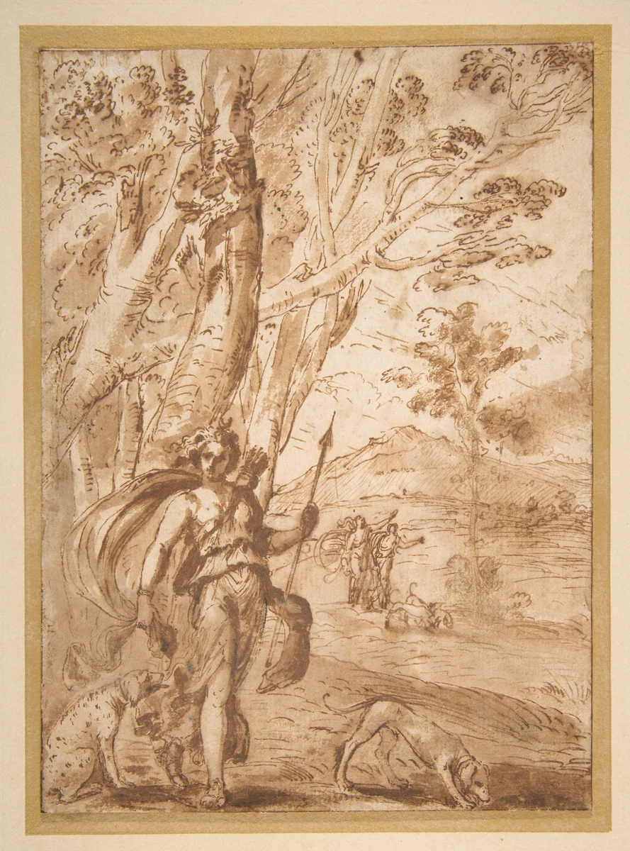 The Goddess Diana with Her Hounds Standing in a Landscape by Agostino Tassi, drawing, 1575-1644