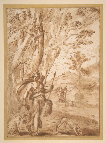 The Goddess Diana with Her Hounds Standing in a Landscape by Agostino Tassi, drawing, 1575-1644