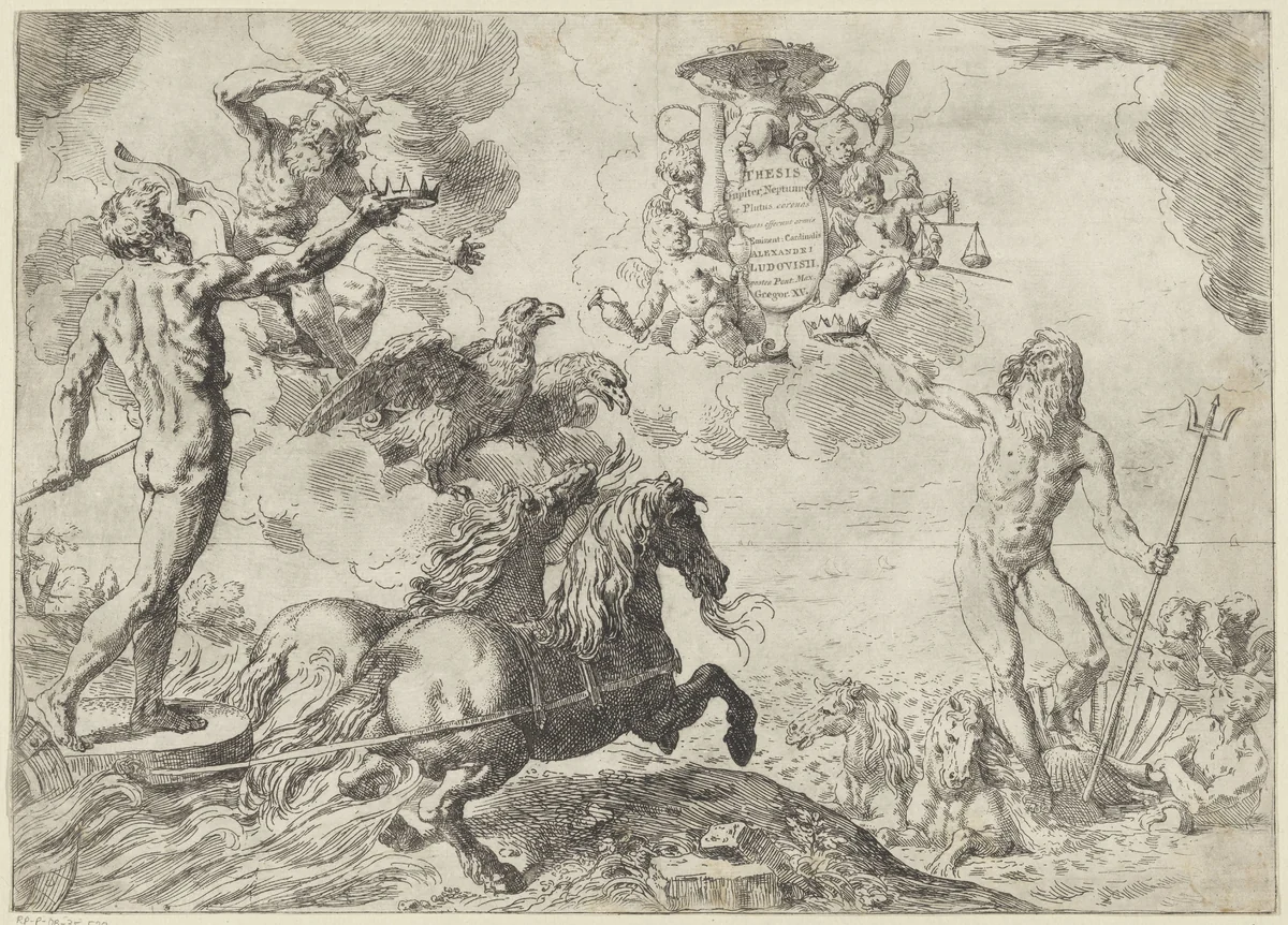 Jupiter, Neptunus en Pluto bieden hun kroon aan het wapen van kardinaal Scipione Borghese aan by Simone Cantarini, print, 1622-1648