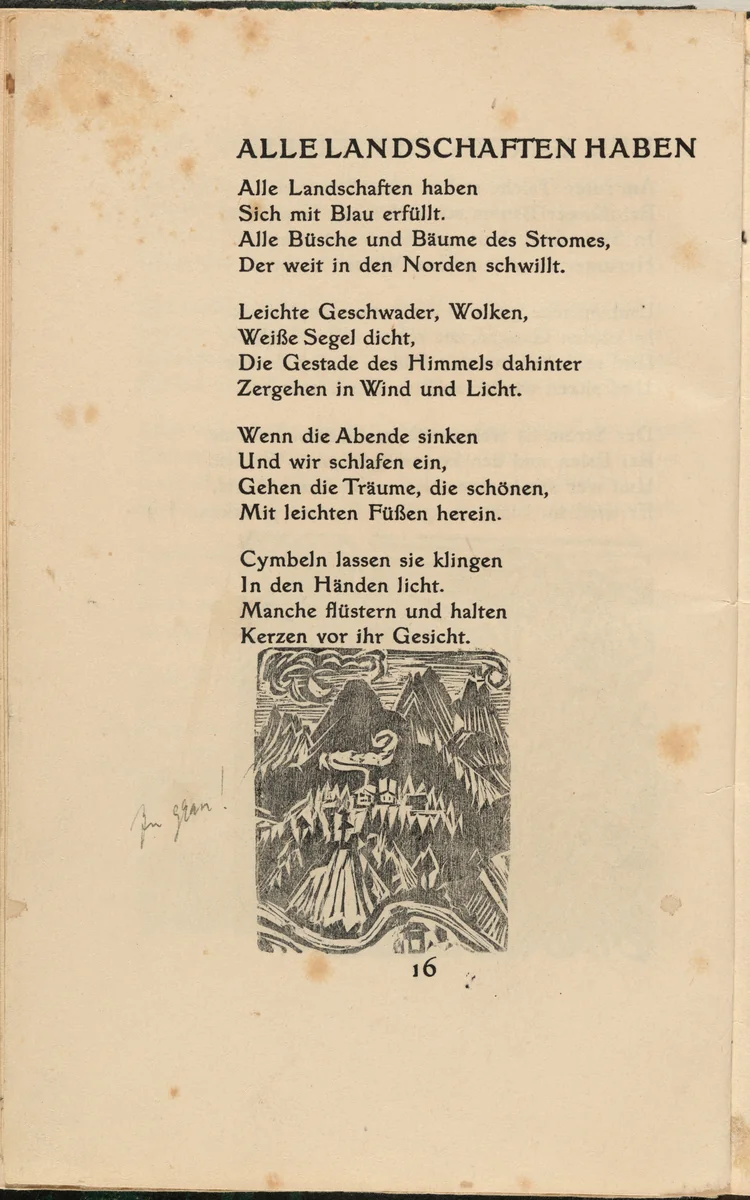 Alle Landschaften Haben I (All Landscapes Have I) (in-text plate) from mock-up of Georg Heym: Umbra Vitae (Georg Heym: Shadow of Life) by Ernst Ludwig Kirchner, volume, 1912-1922