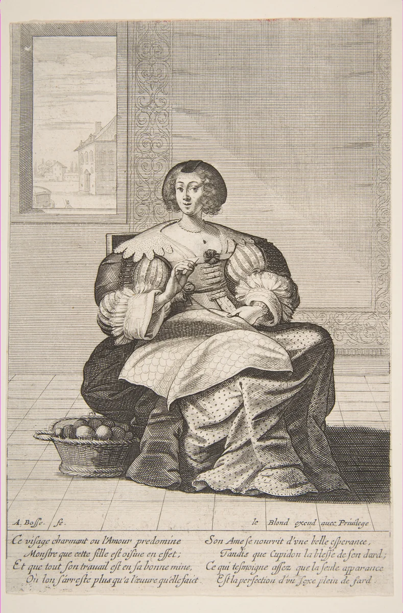 Seated Woman Working on a Tapestry by Abraham Bosse, print, 1620-1676