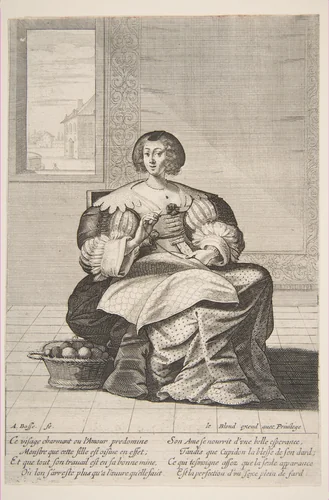 Seated Woman Working on a Tapestry by Abraham Bosse, print, 1620-1676