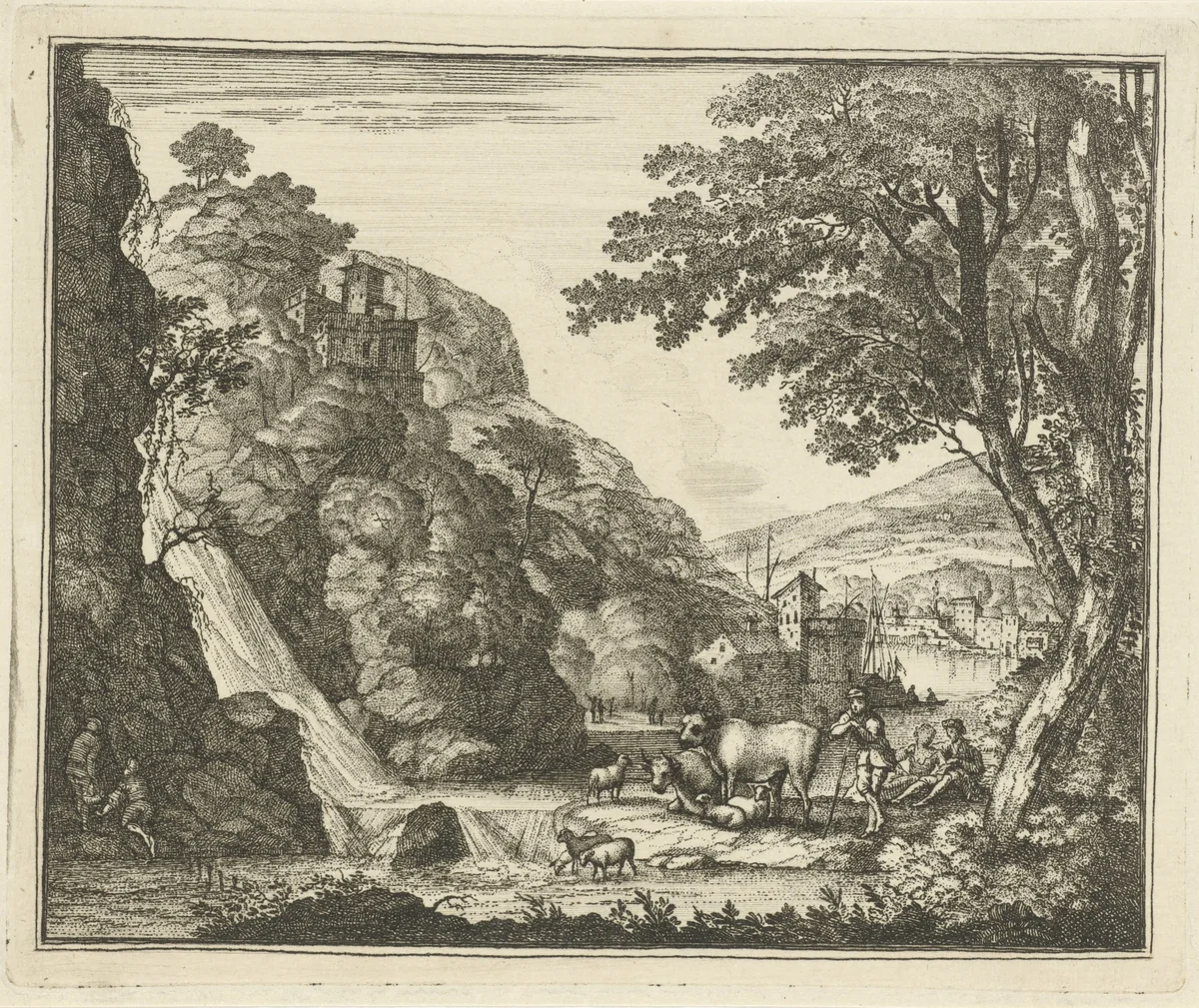 Herder met dieren bij een waterval by Gerard Melder, print, 1703-1754