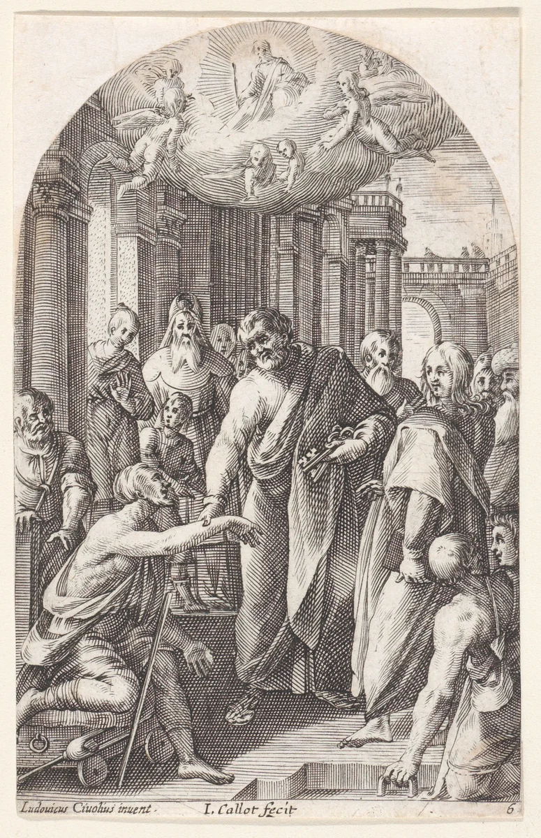 St. Peter and St. John Healing the Lame at the Gates of the Temple, plate 6 from "Les Tableaux de Rome, Les Eglises Jubilaires" (The Paintings of Rome, The Churches Jubilee) by Jacques Callot, print, 1607-1611