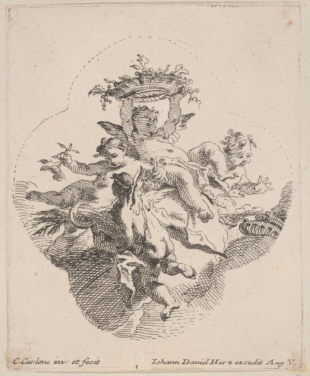 Putti holding flowers by Carlo Innocenzo Carloni, print, 1725-1775
