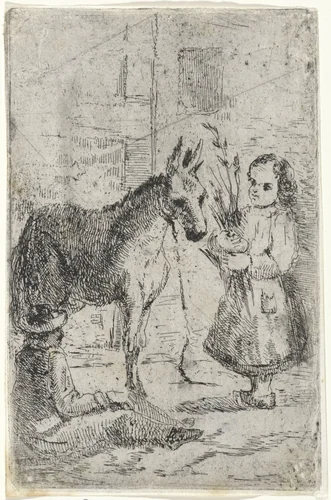 Man en meisje bij een ezel by Arnoud Schaepkens, print, 1831-1904