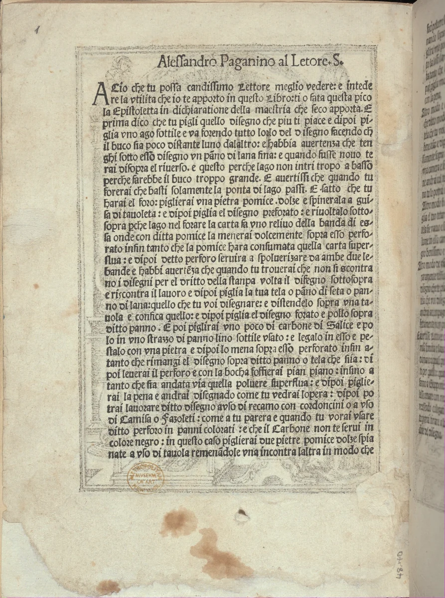 Libro quarto. De rechami per elquale se impara in diuersi modi lordine e il modo de recamare...Opera noua, title page (verso) by Alessandro Paganino, book, 1532