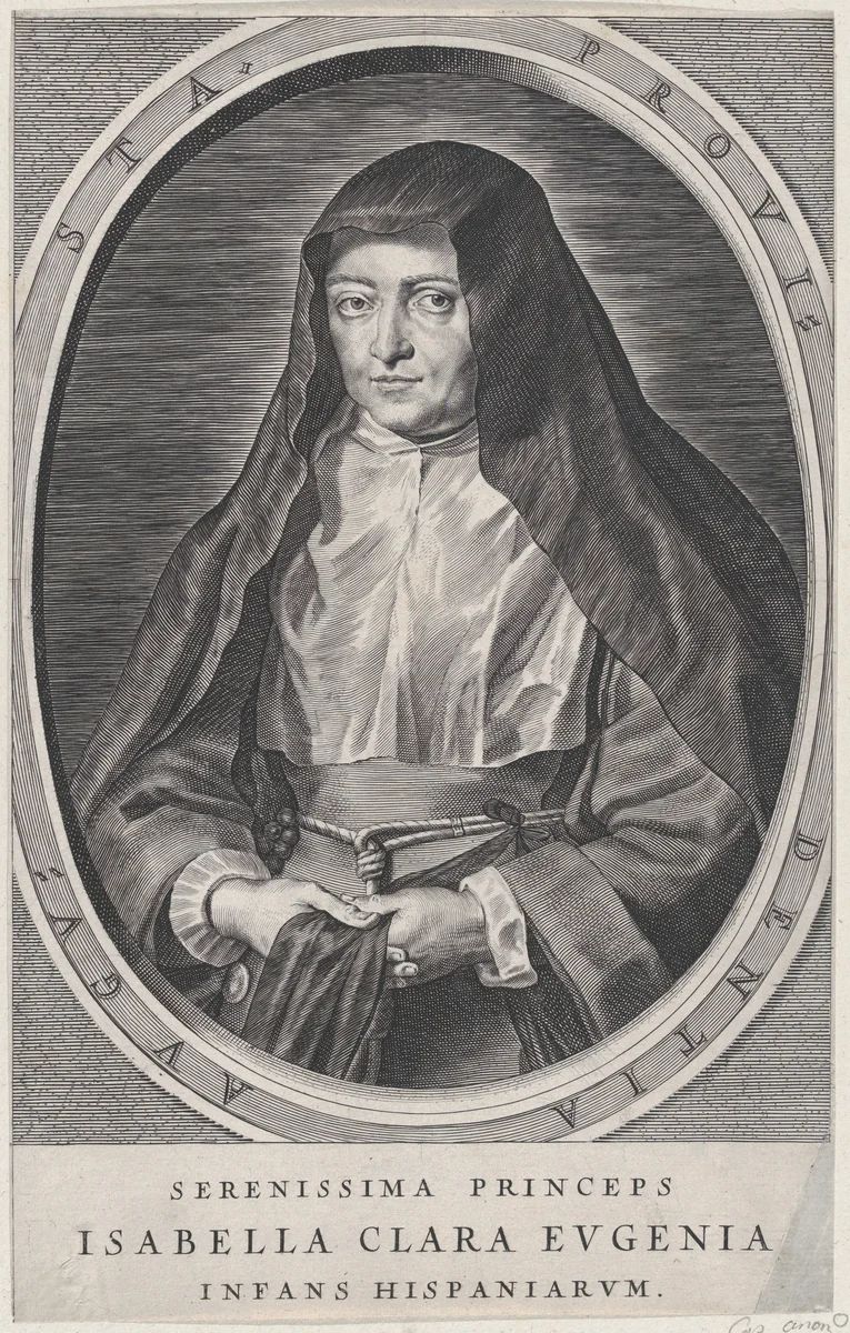 Portrait of Archduchess Isabella Clara Eugenia, Spanish Regent of the Low Countries, as a Nun by anonymous, print, 1620-1705