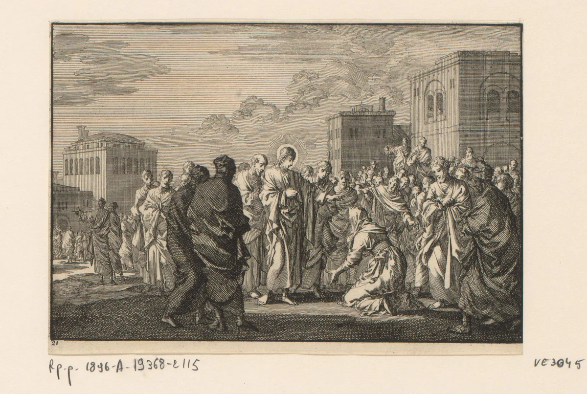 Genezing van een vrouw die aan bloedvloeiingen leed by Jan Luyken, print, 1703