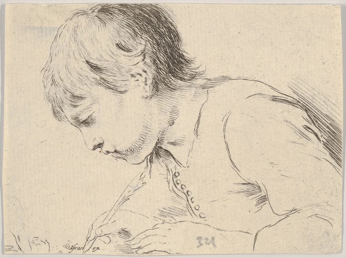 Plate 14: A child writing with a quill, facing left in profile, from "Various heads and figures" (Diverses têtes et figures) by Stefano della Bella, print, 1650