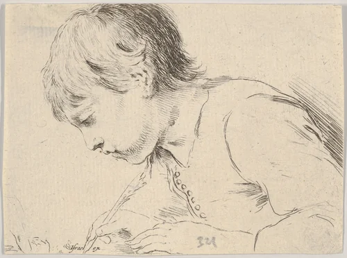 Plate 14: A child writing with a quill, facing left in profile, from "Various heads and figures" (Diverses têtes et figures) by Stefano della Bella, print, 1650