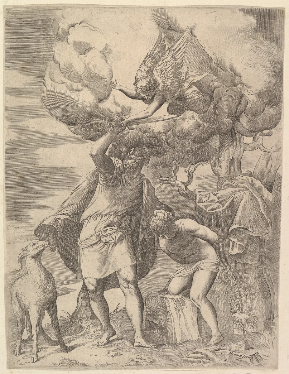 The Angel Staying the Arm of Abraham by Battista Franco, print, 1552-1565