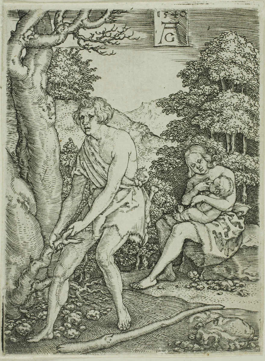 Adam and Eve at Work, from The Story of Adam and Eve by Heinrich Aldegrever, print, 1540