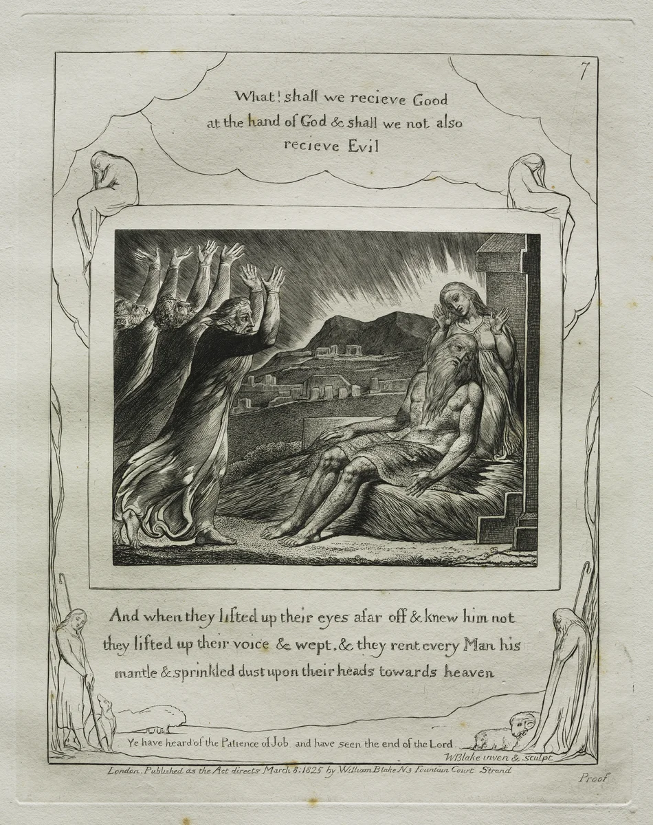 The Book of Job: Pl. 7, And when they lifted up their eyes afar off and knew him not / they lifted up their voices and wept by William Blake, other, 1825