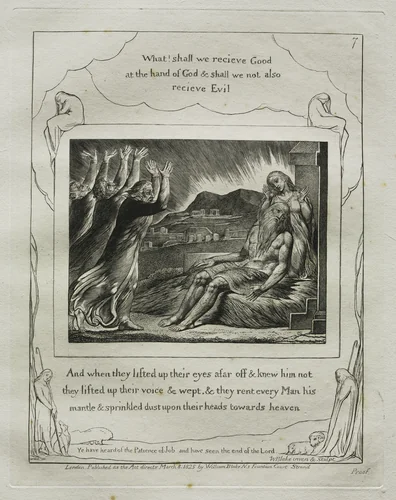 The Book of Job: Pl. 7, And when they lifted up their eyes afar off and knew him not / they lifted up their voices and wept by William Blake, other, 1825