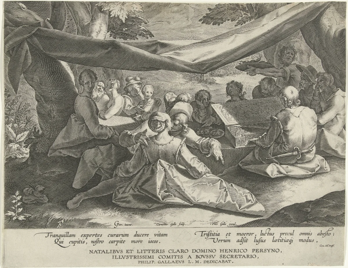 Musicerend gezelschap met man achter virginaal by Unknown, print, 1586-1612