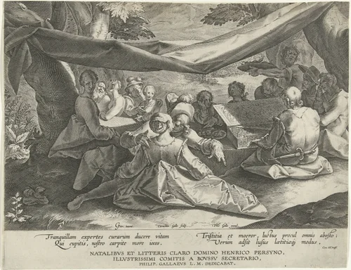 Musicerend gezelschap met man achter virginaal by Unknown, print, 1586-1612