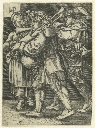 Twee muzikanten en een meisje by anonymous, print, 1510-1599