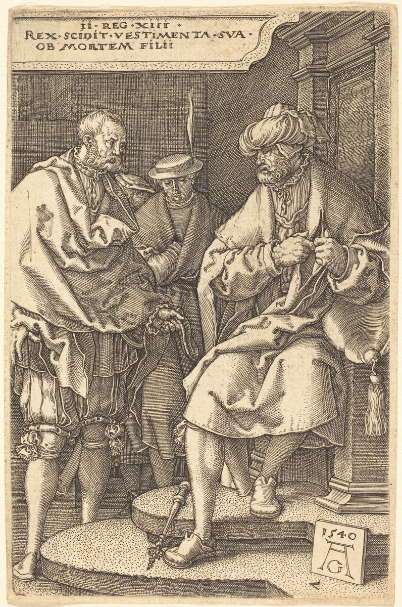 David Casting Off His Robes at the News of the Death of His Son by Heinrich Aldegrever, print, 1540