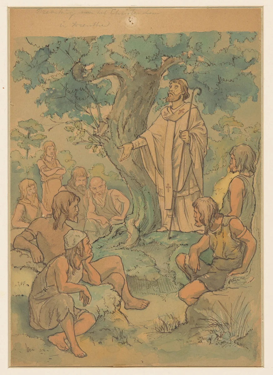 Prediking van het Christendom in Drenthe by Georg Sturm, drawing, 1904