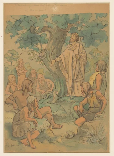 Prediking van het Christendom in Drenthe by Georg Sturm, drawing, 1904