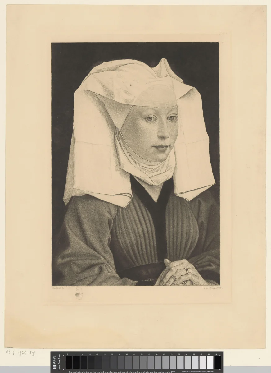 Vrouw met witte kap by Emil Orlik, print, 1909