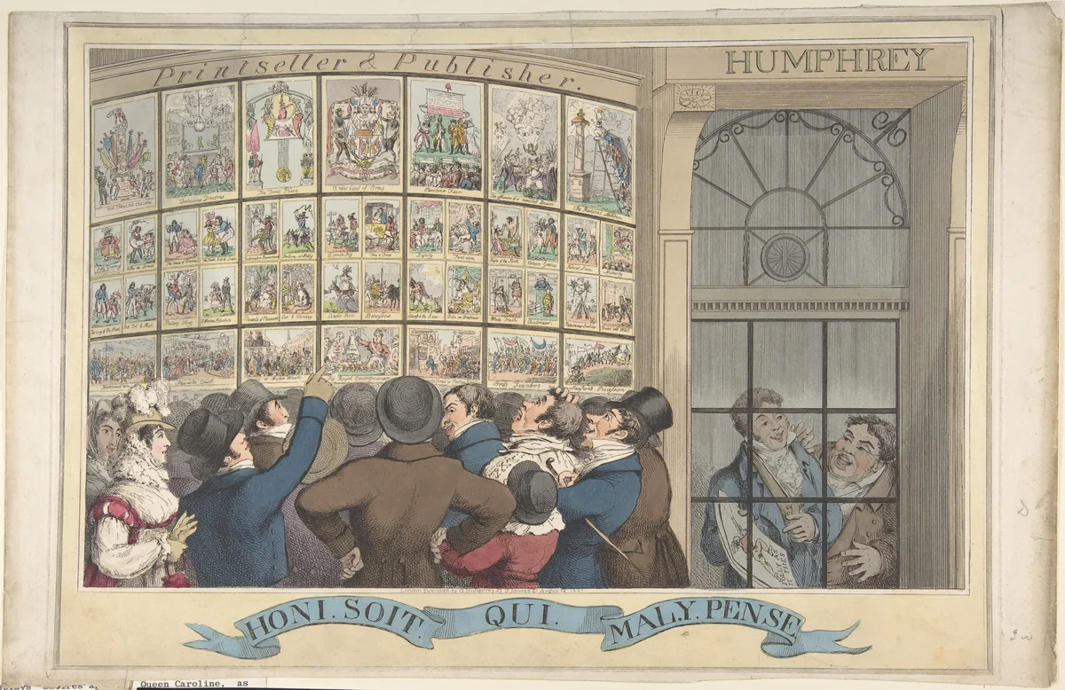 Honi. Soi. Qui. Mal. Y. Pense: The Caricature Shop of G. Humphrey, 27 St. James's Street, London by Theodore Lane, print, 1821