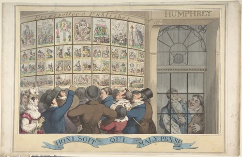 Honi. Soi. Qui. Mal. Y. Pense: The Caricature Shop of G. Humphrey, 27 St. James's Street, London by Theodore Lane, print, 1821