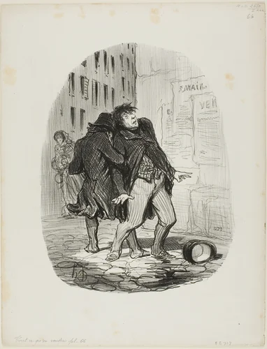 “- Tell me, my friend, all the people who walk in this area turn around... could it be that this is the politician's district?,” plate 66 from Tout Ce Qu'on Voudra by Honoré-Victorin Daumier, print, 1850