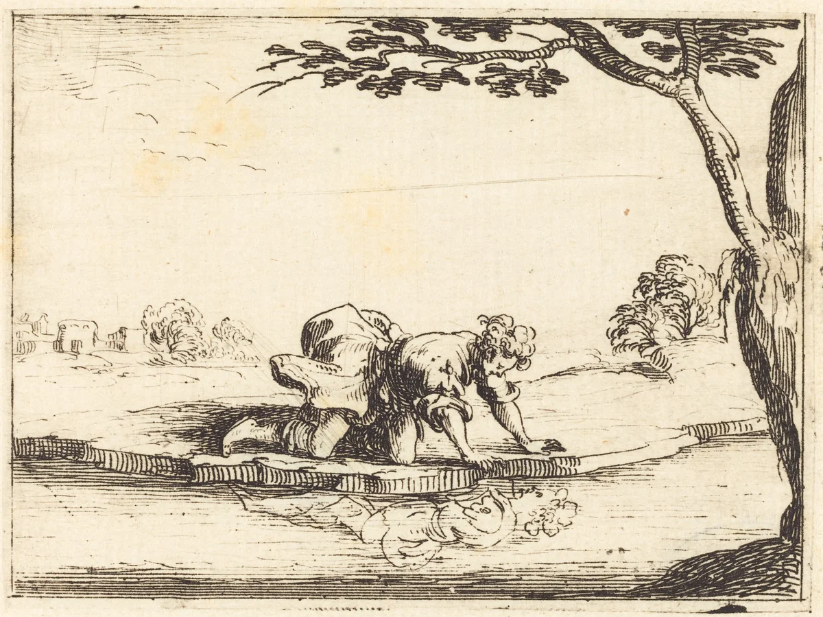 Narcissus Looking in the Water by Jacques Callot, print, 1628