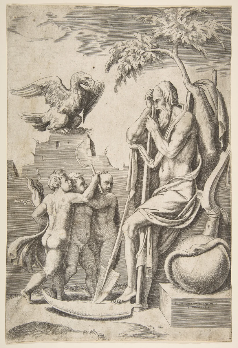 Father Time at the right leaning on a scythe, three naked boys and eagle at the left by Giulio Bonasone, print, 1531-1576