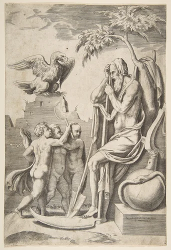 Father Time at the right leaning on a scythe, three naked boys and eagle at the left by Giulio Bonasone, print, 1531-1576