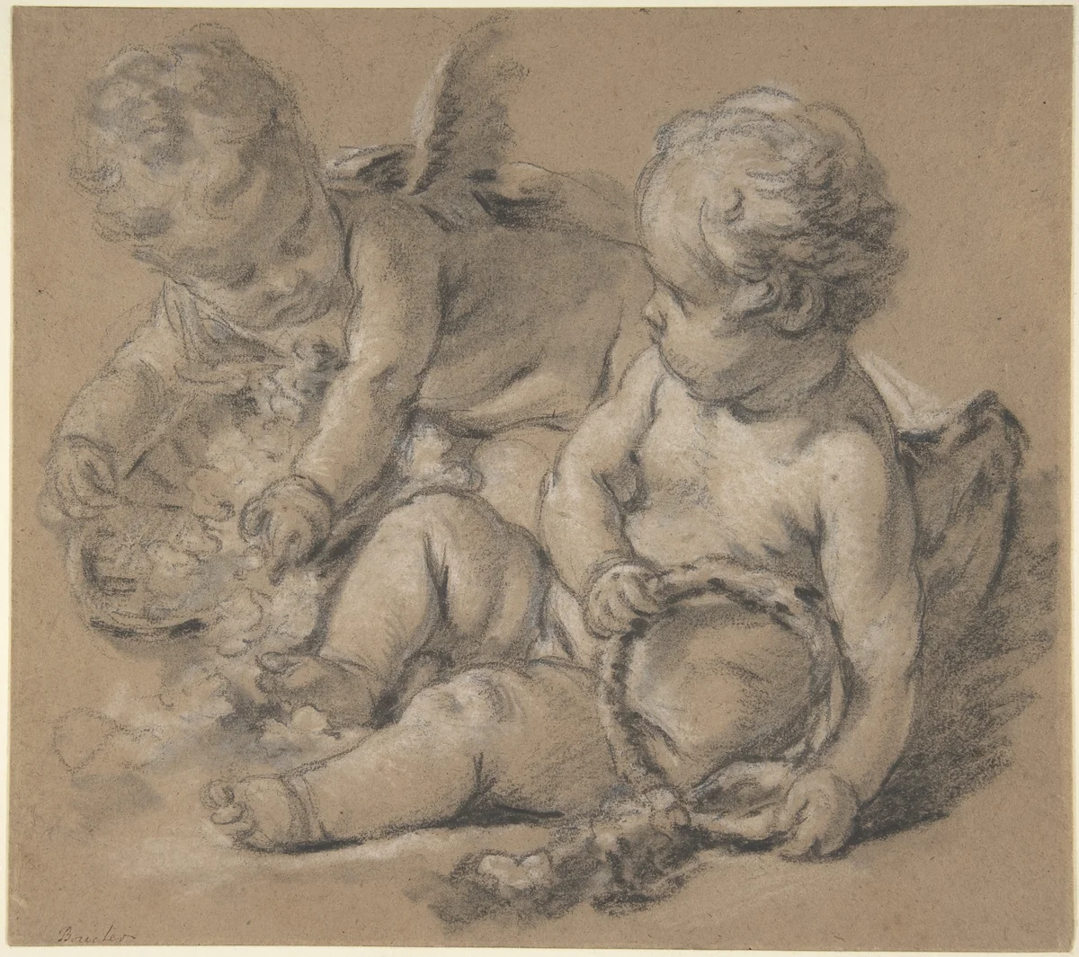Winged Putti with Flowers by François Boucher, drawing, 1745-1755