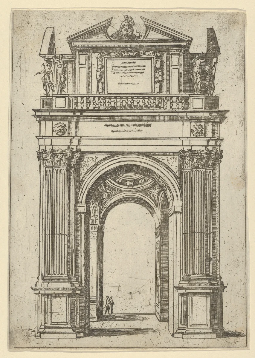 Triumphal arch surmounted by woman seated on a dolphin, four standing figures below, a temporary decoration for the entry of Pope Clement VIII in Bologna in 1598 by Guido Reni, print, 1598