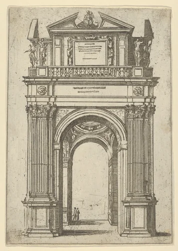 Triumphal arch surmounted by woman seated on a dolphin, four standing figures below, a temporary decoration for the entry of Pope Clement VIII in Bologna in 1598 by Guido Reni, print, 1598