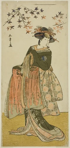 The Actor Nakayama Tomisaburo I as the Geisha Yukino (or Oyuki?) in the Play Kabuki no Hana Bandai Soga, Performed at the Ichimura Theater in the Fourth Month, 1781 by Katsukawa Shunsho (勝川 春章), print, 1776-1786